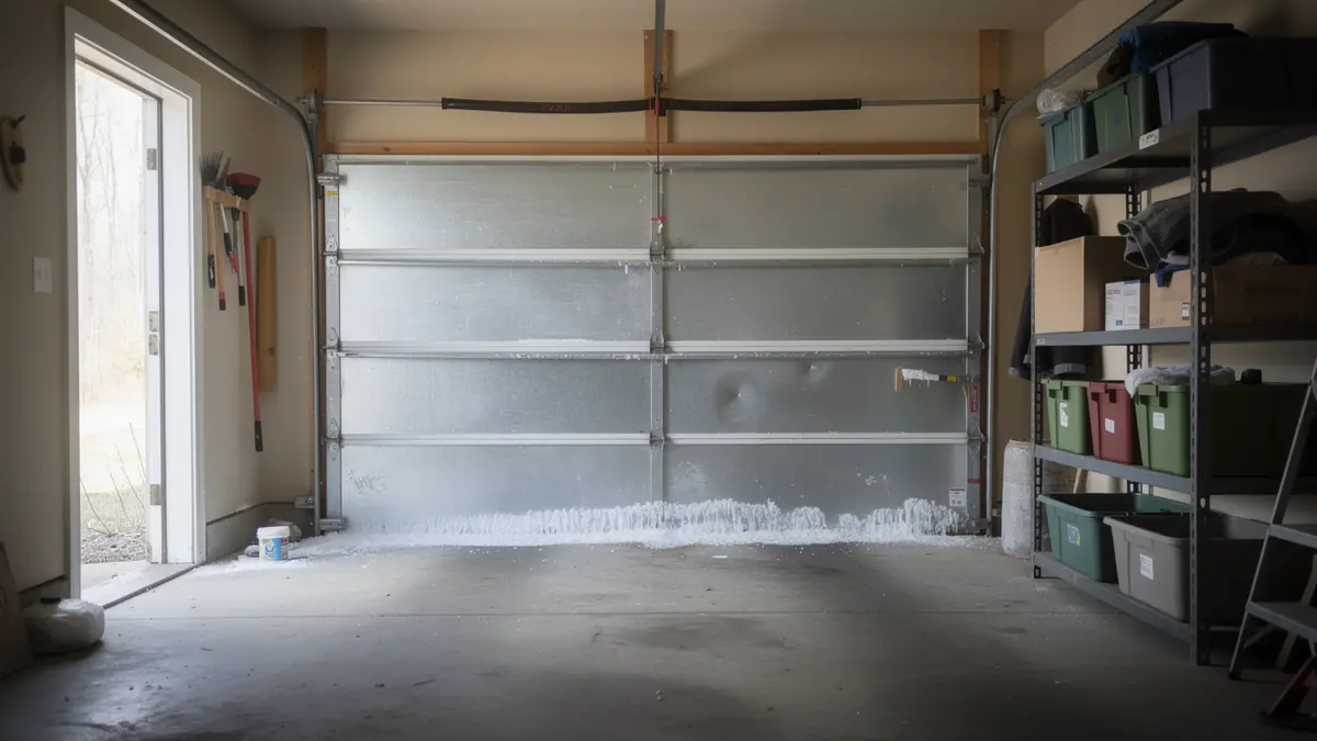 The garage door is closed with ice and snow at the bottom.