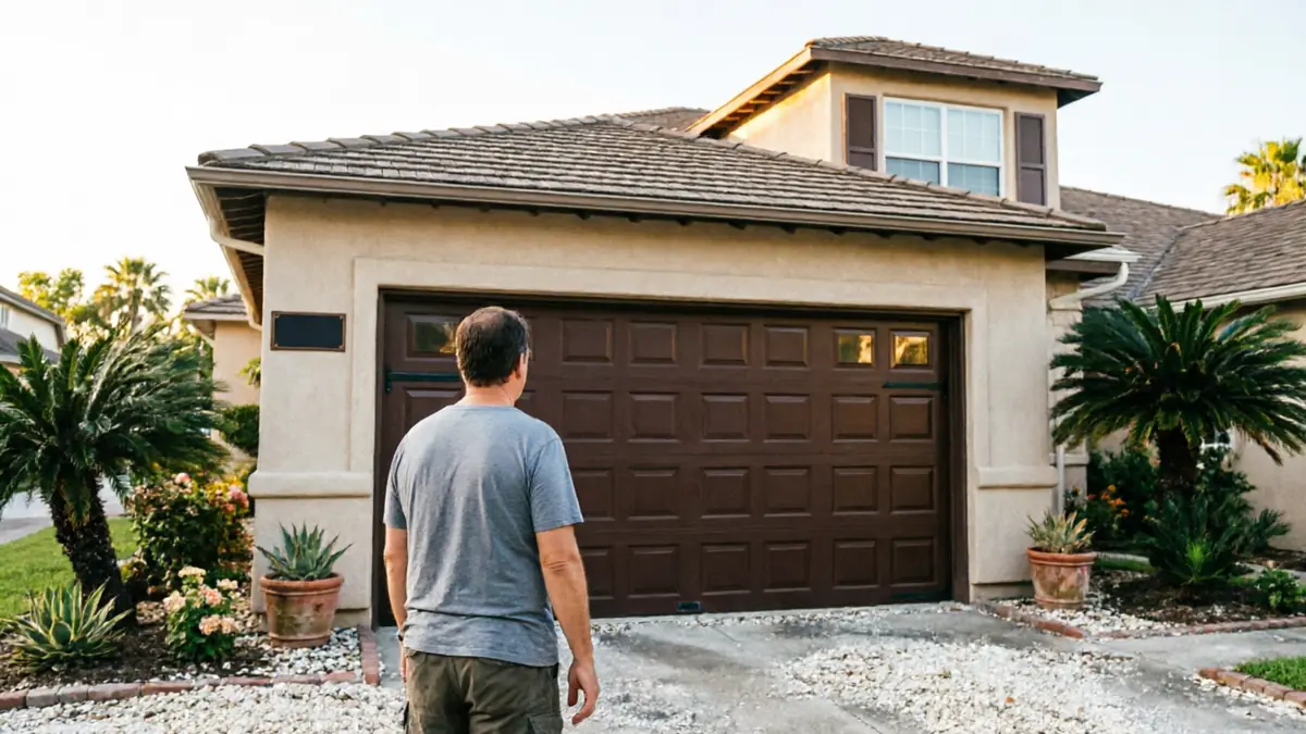 A man stands facing a brown garage door on a house.