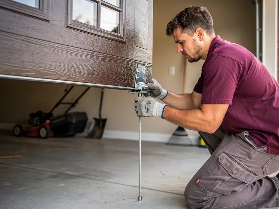 A technician kneels, adjusting a cable on a brown garage door.