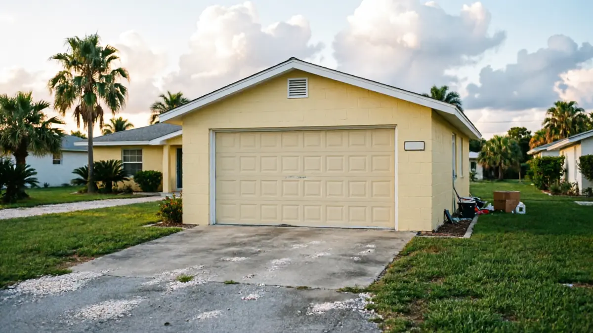 A yellow house with a beige garage door and a concrete driveway.