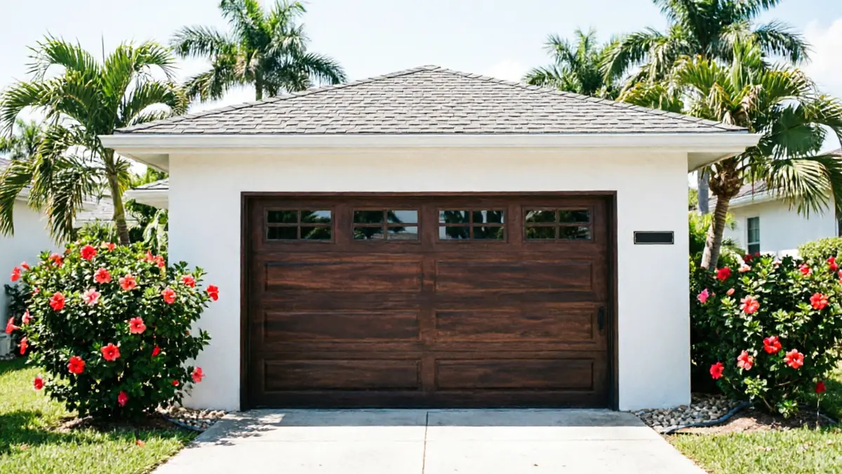 Modern home at dusk with two full-view glass garage doors above a wet driveway