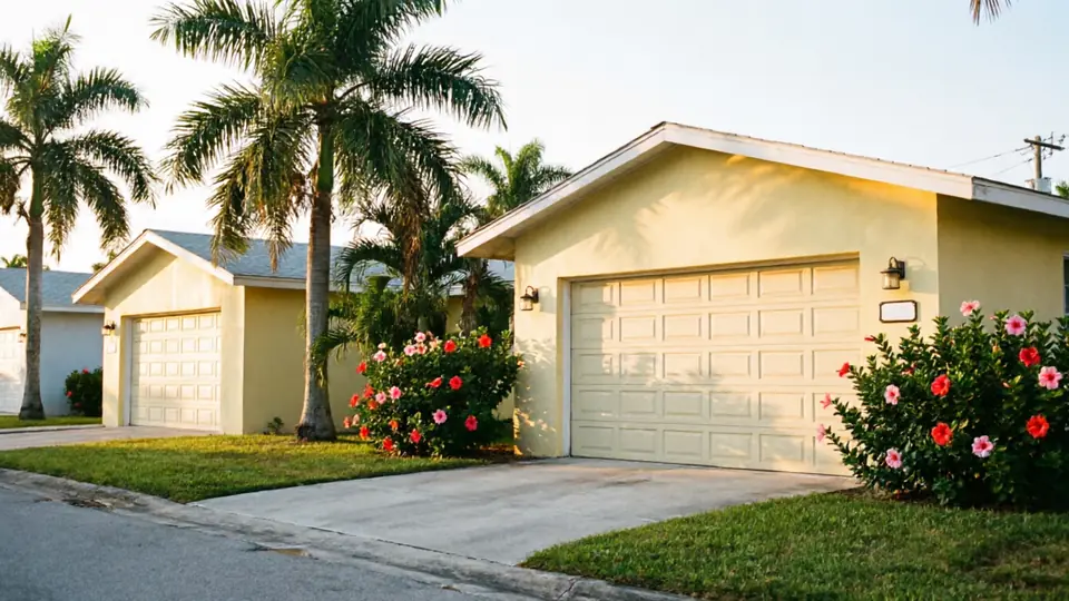 A row of three houses with beige garage doors and palm trees.