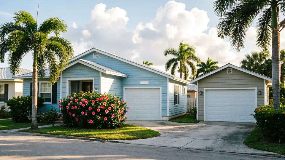 A light blue house with a white garage door and a detached garage with a white door.