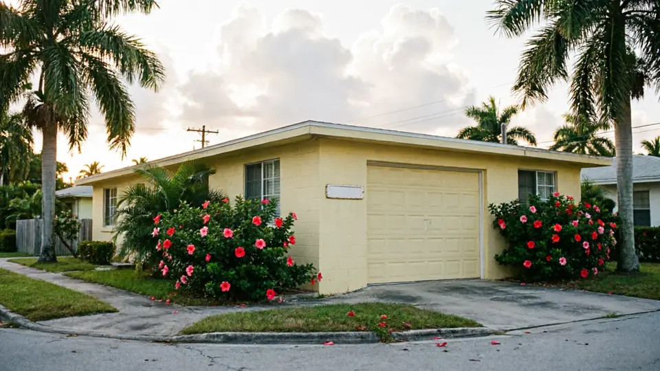 A yellow house with a garage door, palm trees, and red flowering bushes.
