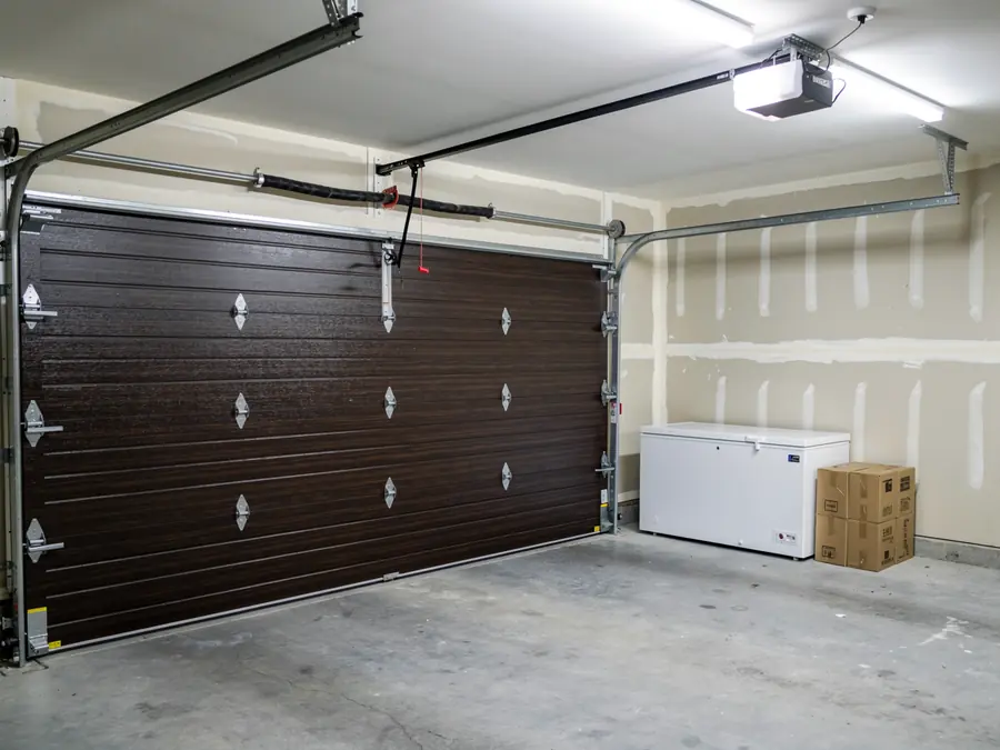 A brown garage door is closed in a garage with a white freezer and boxes.