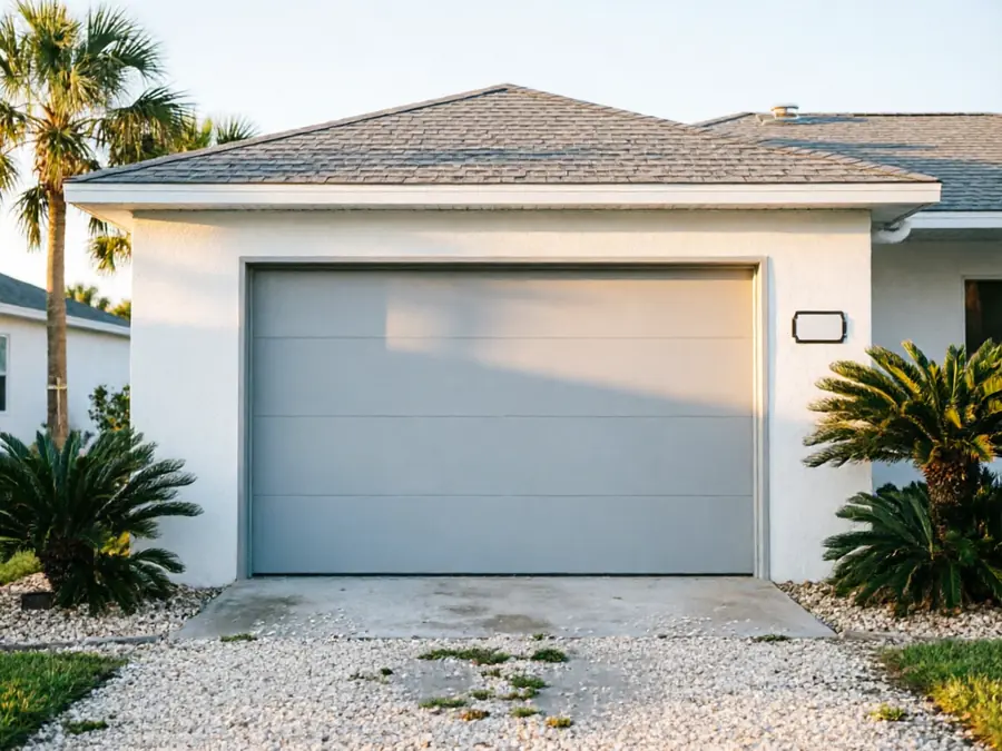 A light gray garage door is on a white house with palm trees.