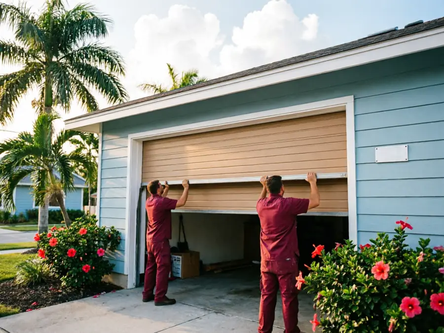 Two technicians are installing a brown garage door on a blue house.