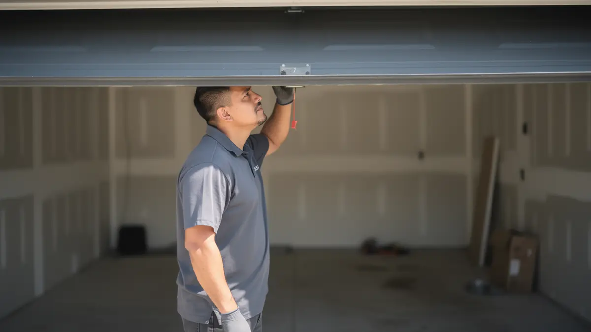 A technician in a gray shirt is looking up at an open garage door.