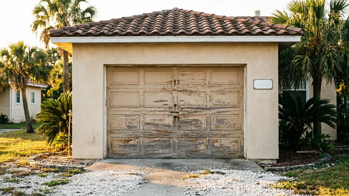A weathered garage door with peeling paint on a stucco garage with a tile roof.