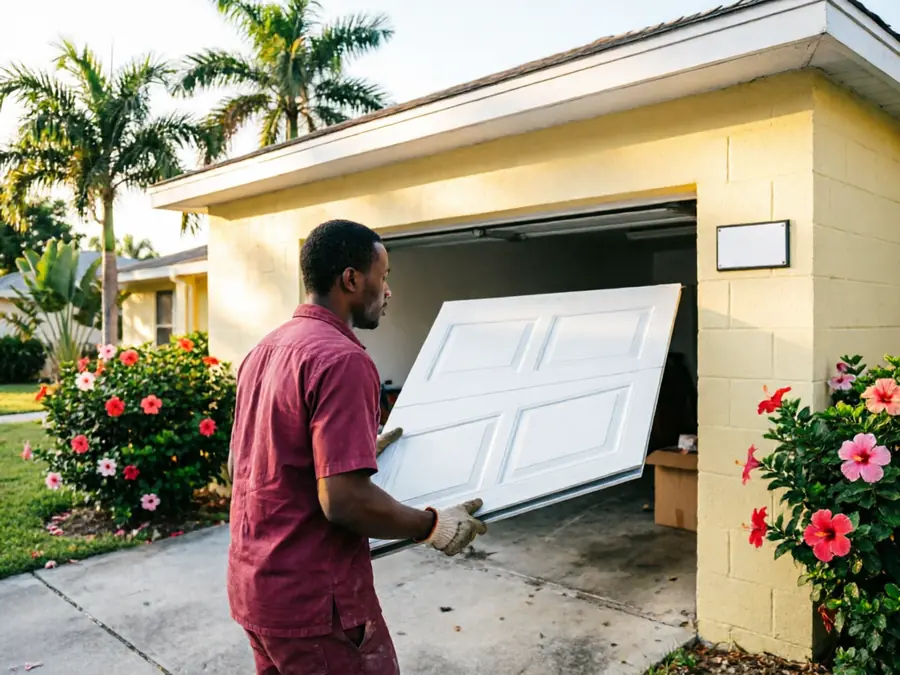 A technician carries a white garage door panel toward an open garage.