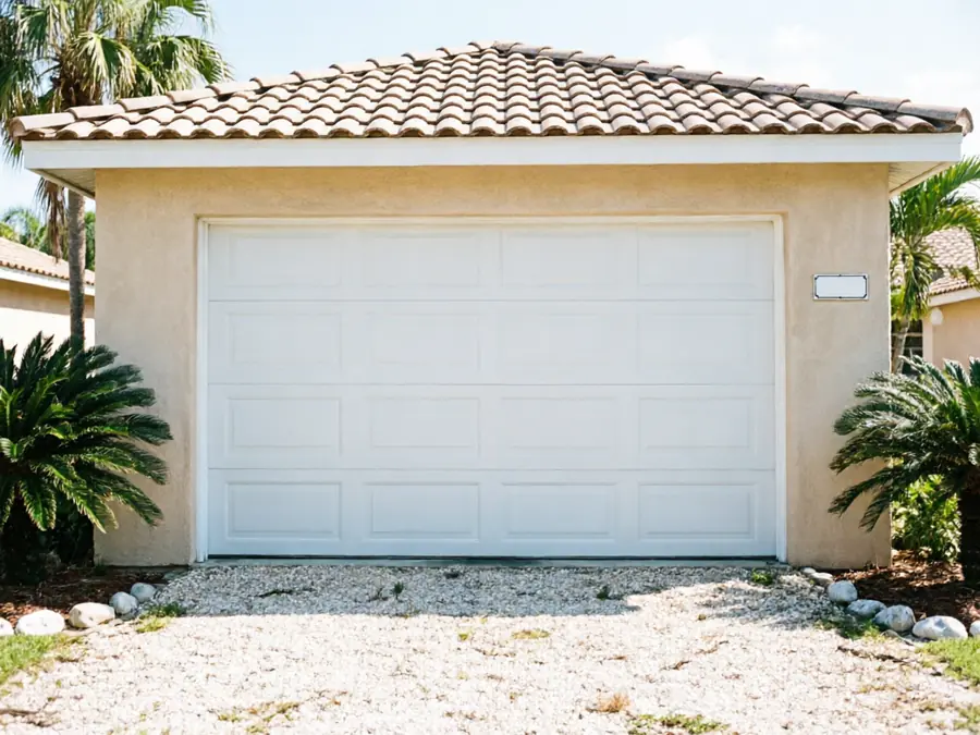 A white garage door is on a stucco garage with a tiled roof.