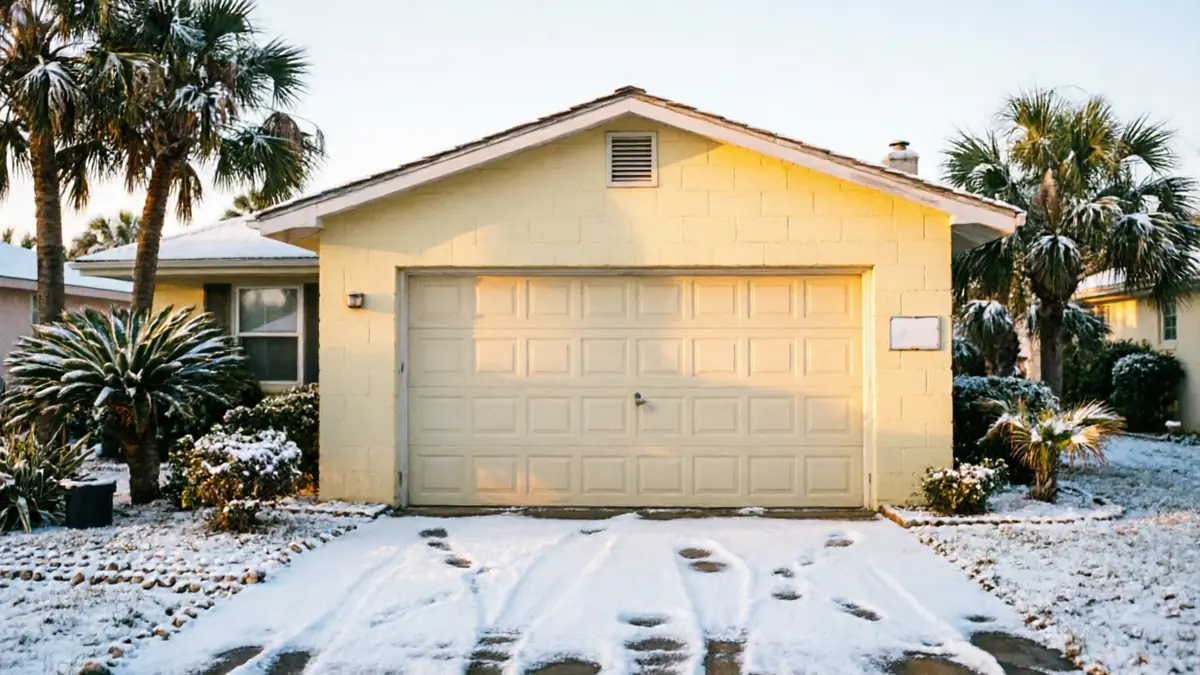 A beige garage door on a yellow house with snow on the ground and palm trees.