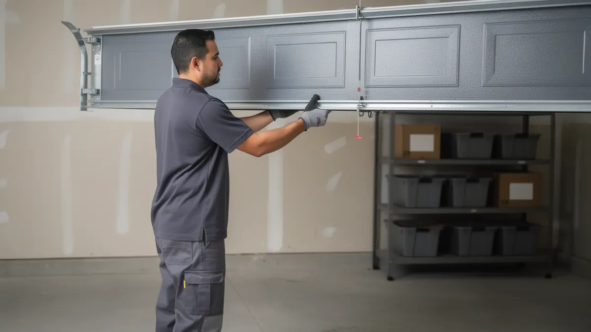 A technician in gray work clothes is installing a gray garage door.