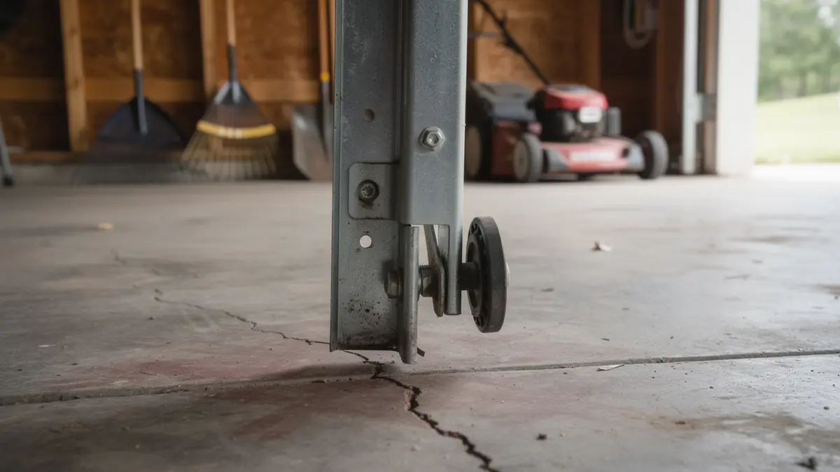 A garage door roller is visible on a metal track above a cracked concrete floor.