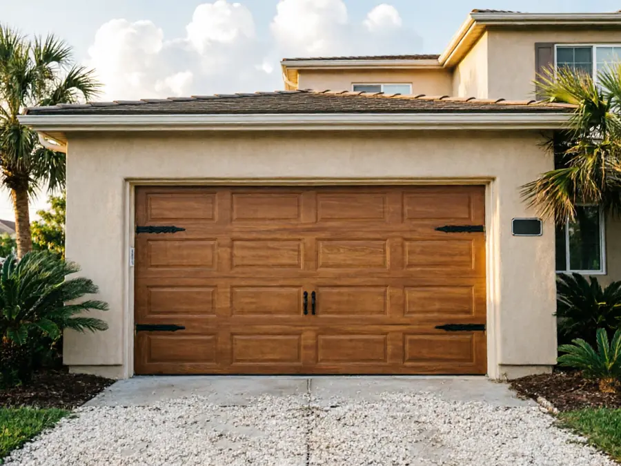 A brown wooden garage door with black decorative hardware on a beige house.